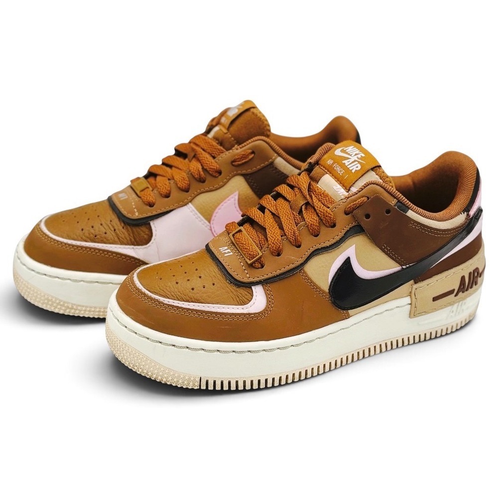 Nike Air Force 1 Shadow Womens 7.5 Brown Pink Black Leather Low Shoes DZ1847-200